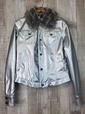 FUBU Ladies Collection Metallic Silver Faux Leather Jacket with Fur Collar Large